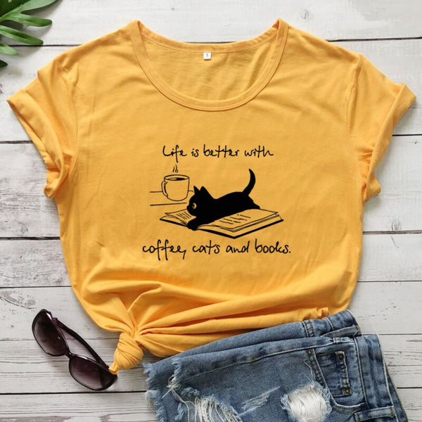 Life Is Better With Coffee Cats And Books Women T-shirt