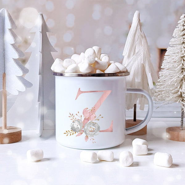 Pink Alphabet Letter Flowers Enamel Mug