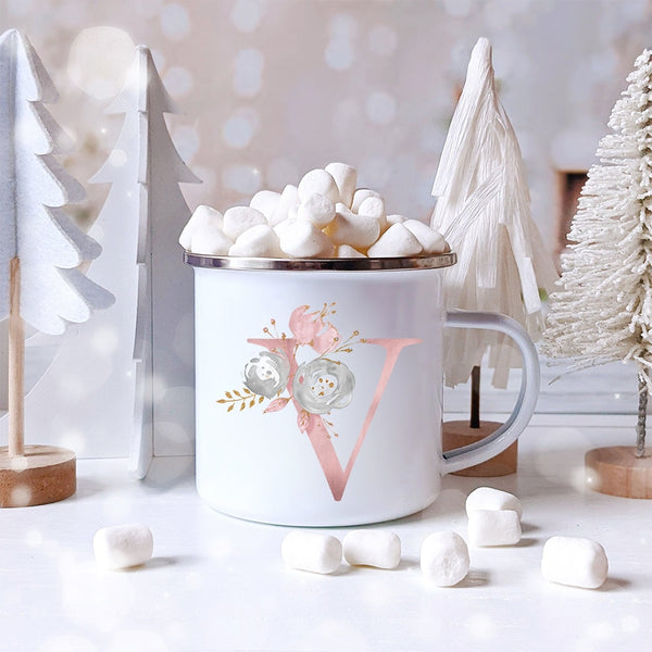 Pink Alphabet Letter Flowers Enamel Mug