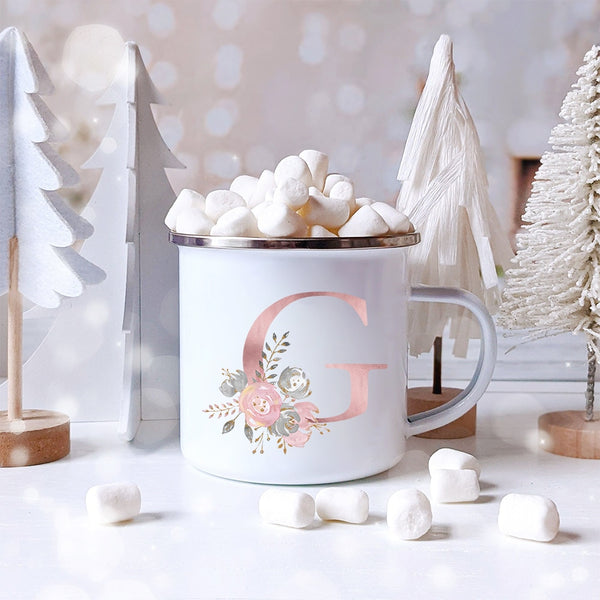 Pink Alphabet Letter Flowers Enamel Mug