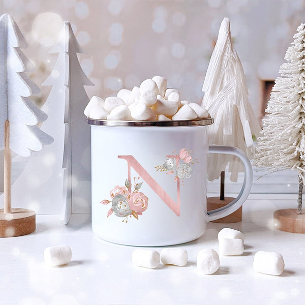 Pink Alphabet Letter Flowers Enamel Mug