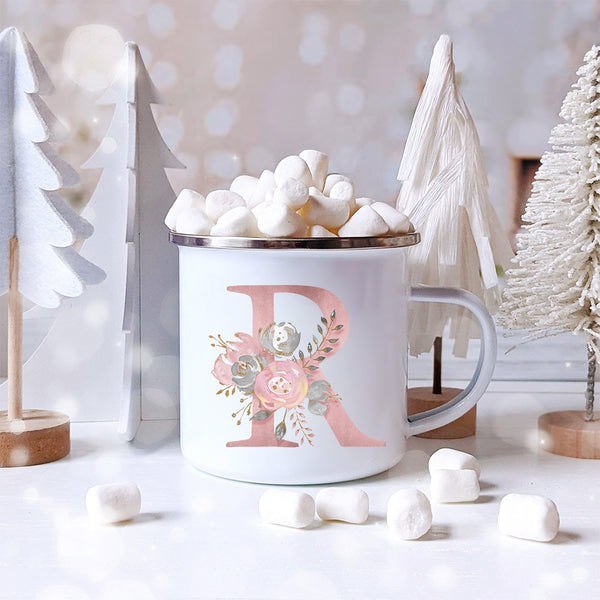 Pink Alphabet Letter Flowers Enamel Mug