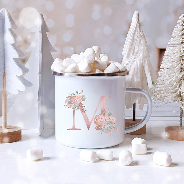 Pink Alphabet Letter Flowers Enamel Mug