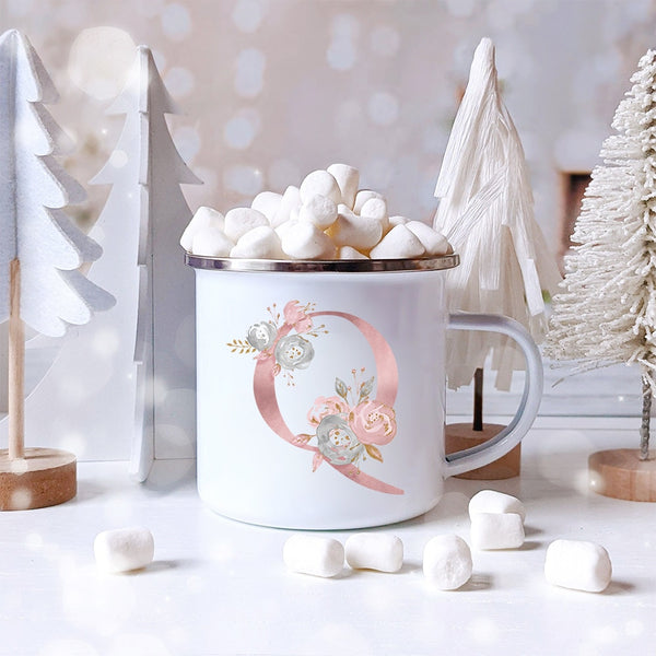 Pink Alphabet Letter Flowers Enamel Mug