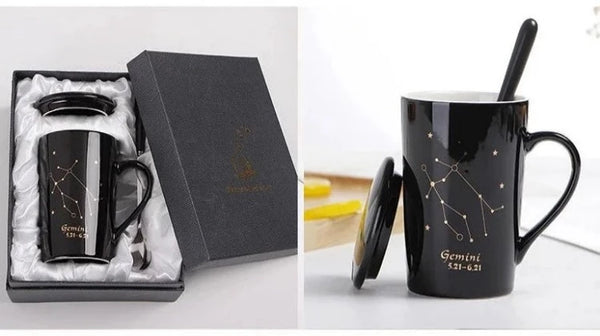 Zodiac 12 Constellations Ceramic Mugs with Spoon Lid and Gift Box