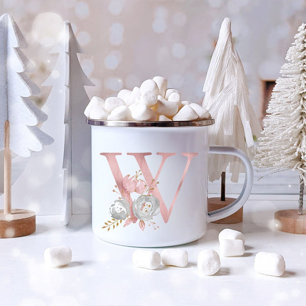 Pink Alphabet Letter Flowers Enamel Mug