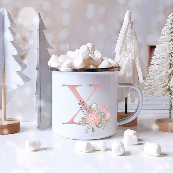 Pink Alphabet Letter Flowers Enamel Mug