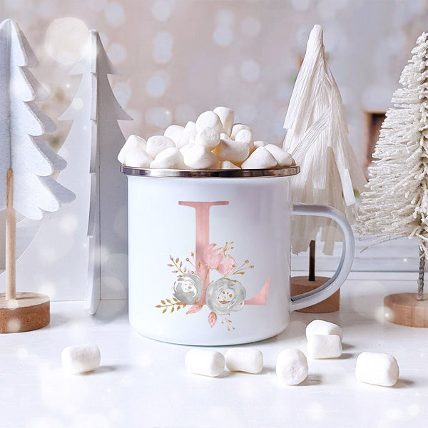 Pink Alphabet Letter Flowers Enamel Mug