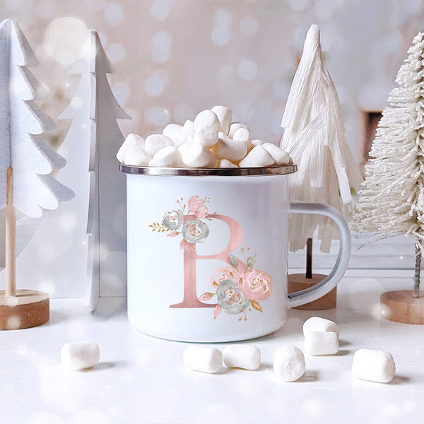Pink Alphabet Letter Flowers Enamel Mug