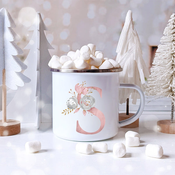 Pink Alphabet Letter Flowers Enamel Mug