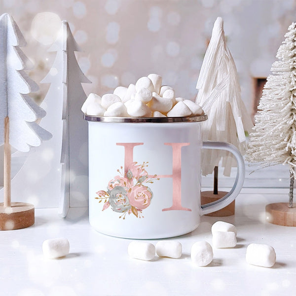 Pink Alphabet Letter Flowers Enamel Mug