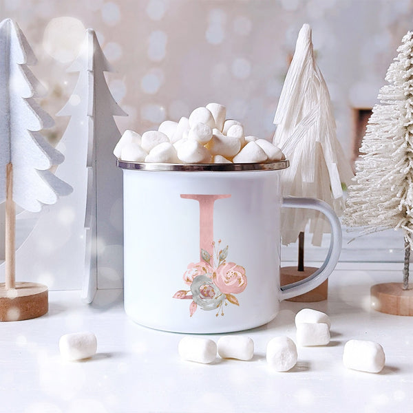 Pink Alphabet Letter Flowers Enamel Mug