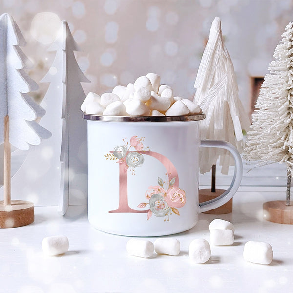Pink Alphabet Letter Flowers Enamel Mug