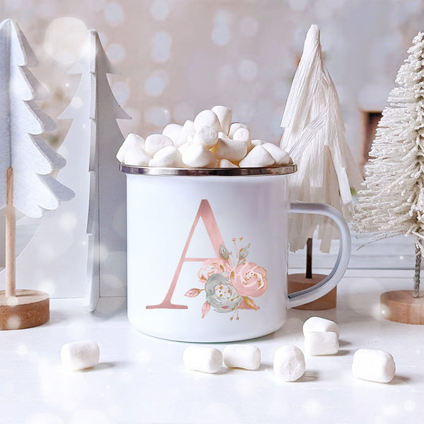 Pink Alphabet Letter Flowers Enamel Mug