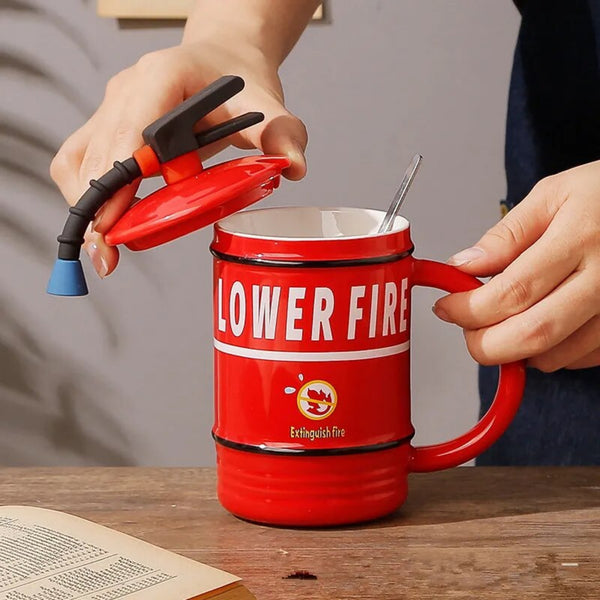 Fire Extinguisher Ceramic Mug With Lid And Spoon