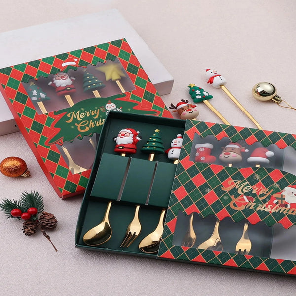 Christmas Style Stainless Steel Gold Spoons Forks Set for Kids (6Pcs Red/Green Gift Box Set)