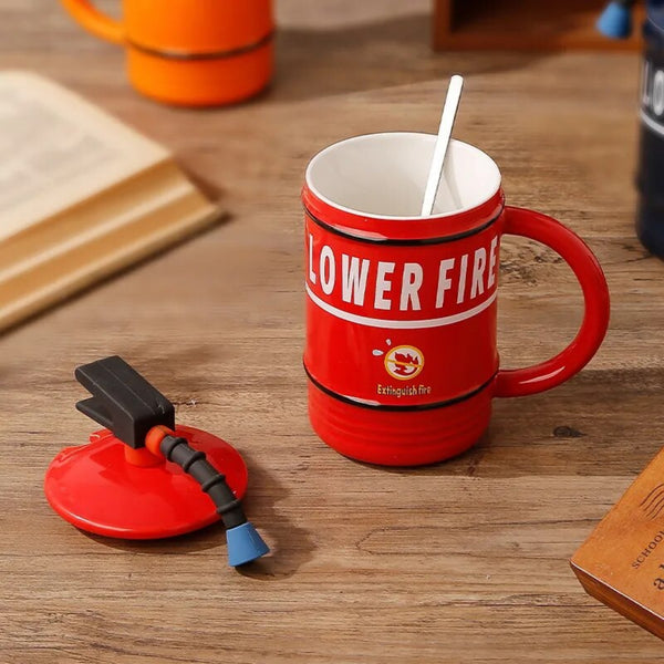 Fire Extinguisher Ceramic Mug With Lid And Spoon