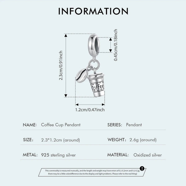 LUXYGLO 925 Sterling Silver Coffee Cup Bean Pendant
