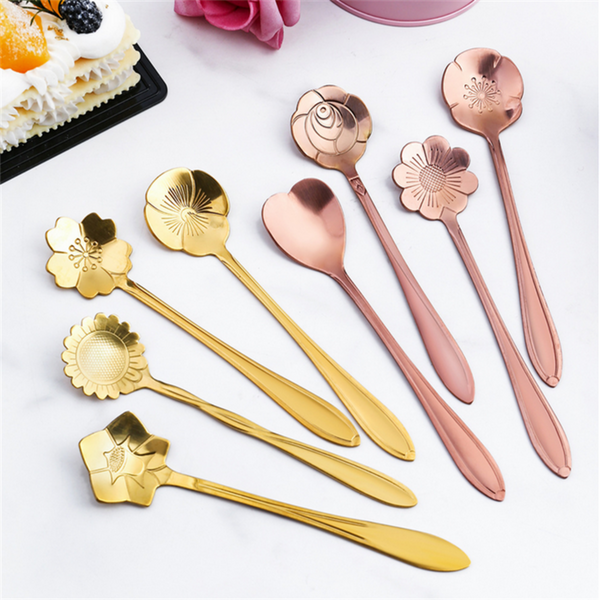 Vintage Flower Gold Silver Rose Gold Stainless Steel Coffee Spoon - 8 Pcs