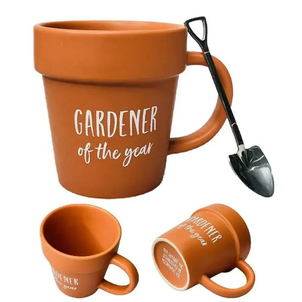 BLOOMINGTON Gardener Coffee Mug - Funny Plant Pot Mug With Shovel Spoon