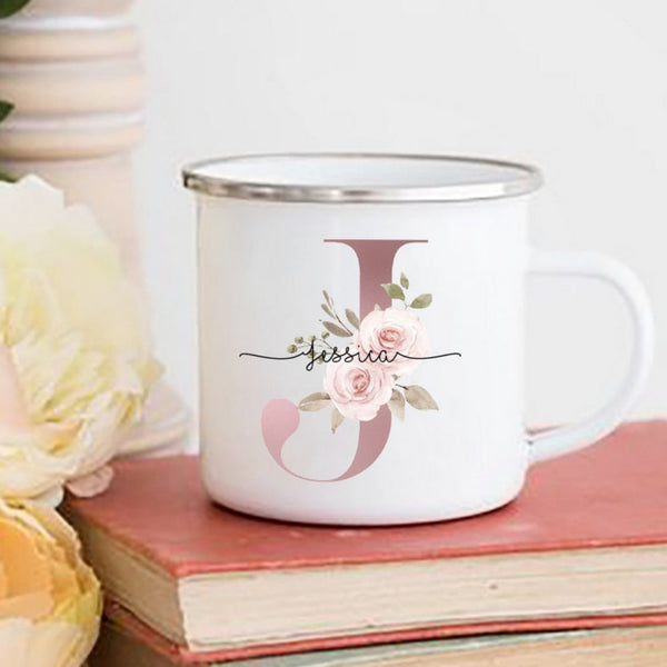 Floral Initial Name Personalized Enamel Mug