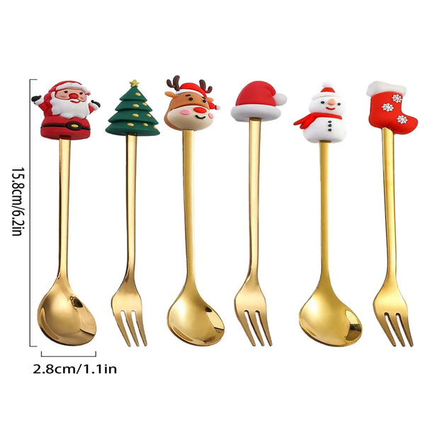Christmas Style Stainless Steel Gold Spoons Forks Set for Kids (6Pcs Red/Green Gift Box Set)