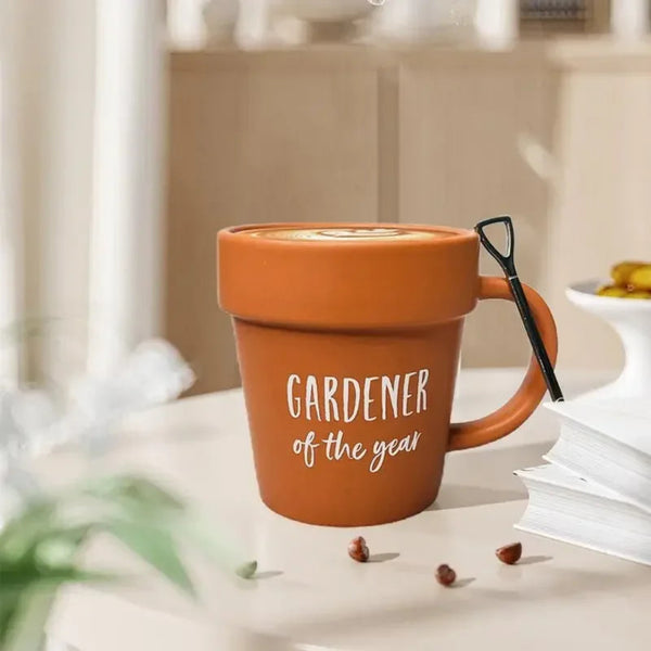 BLOOMINGTON Gardener Coffee Mug - Funny Plant Pot Mug With Shovel Spoon