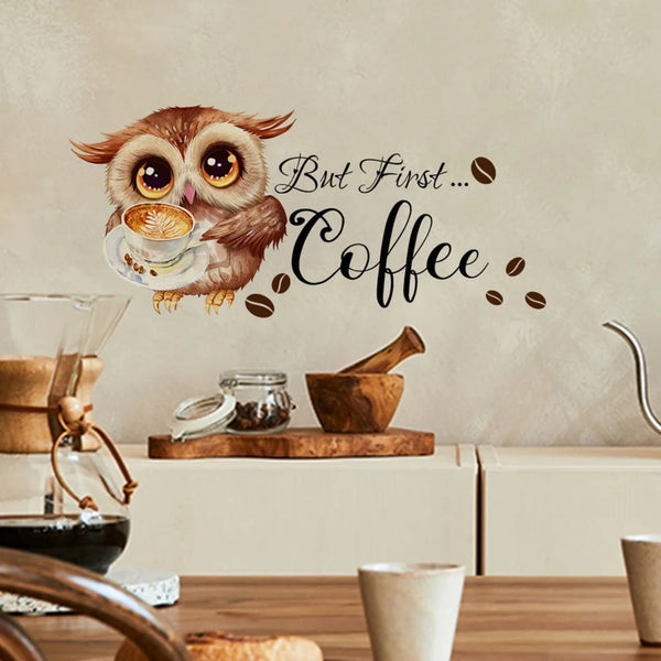 But First Coffee Owl Coffee Cup Wall Sticker