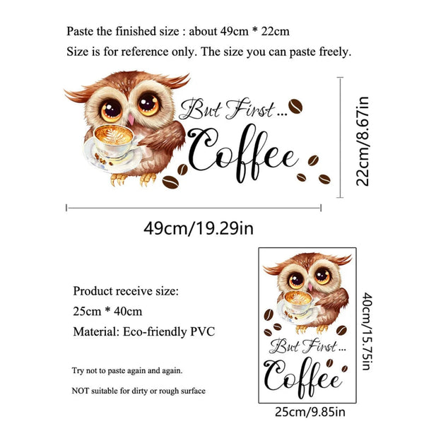 But First Coffee Owl Coffee Cup Wall Sticker