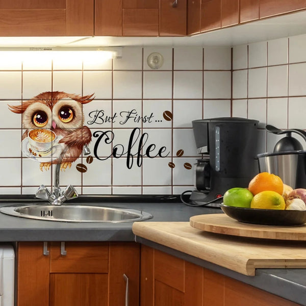 But First Coffee Owl Coffee Cup Wall Sticker
