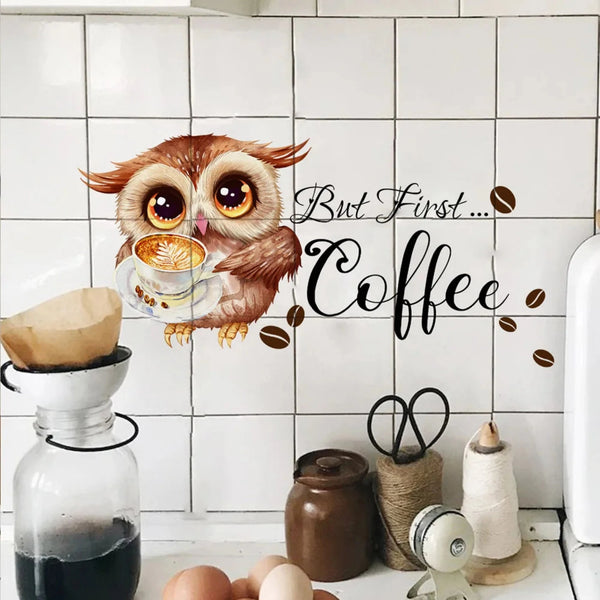 But First Coffee Owl Coffee Cup Wall Sticker