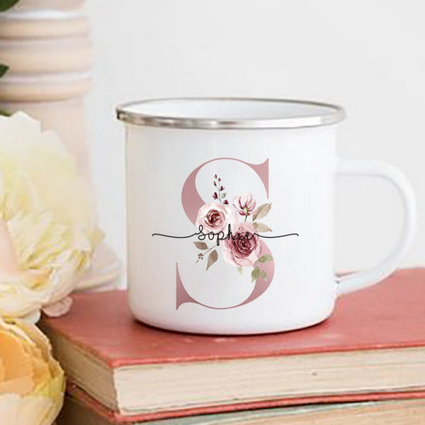 Floral Initial Name Personalized Enamel Mug