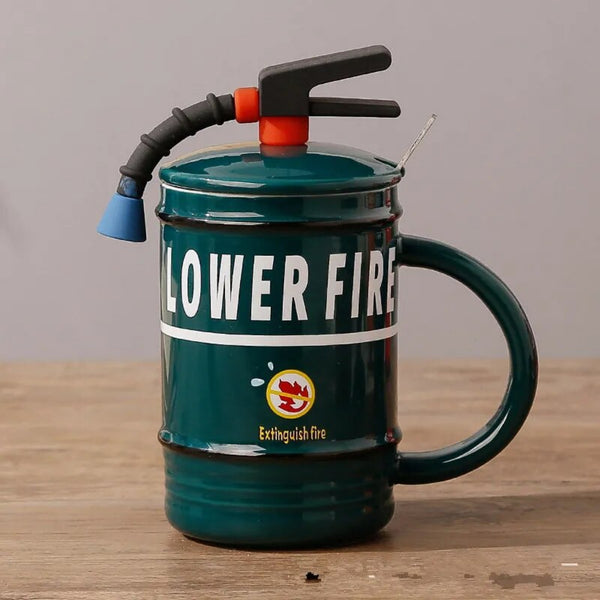 Fire Extinguisher Ceramic Mug With Lid And Spoon