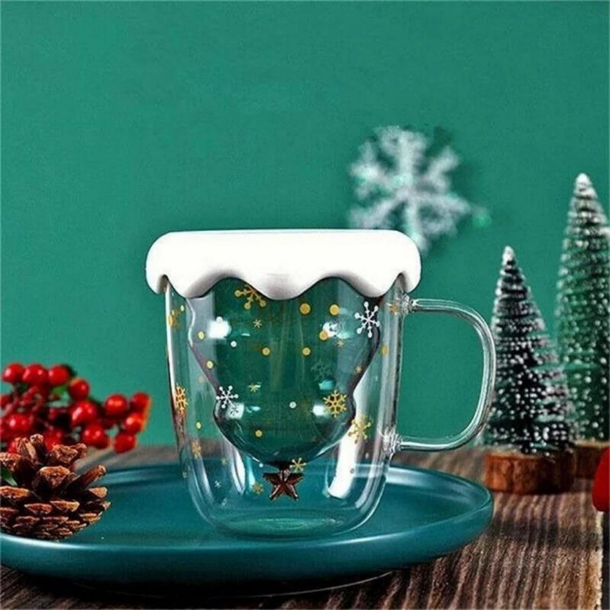 Fun Christmas Coffee Mugs Holiday Cups, 10oz Double Wall Glass With Lid