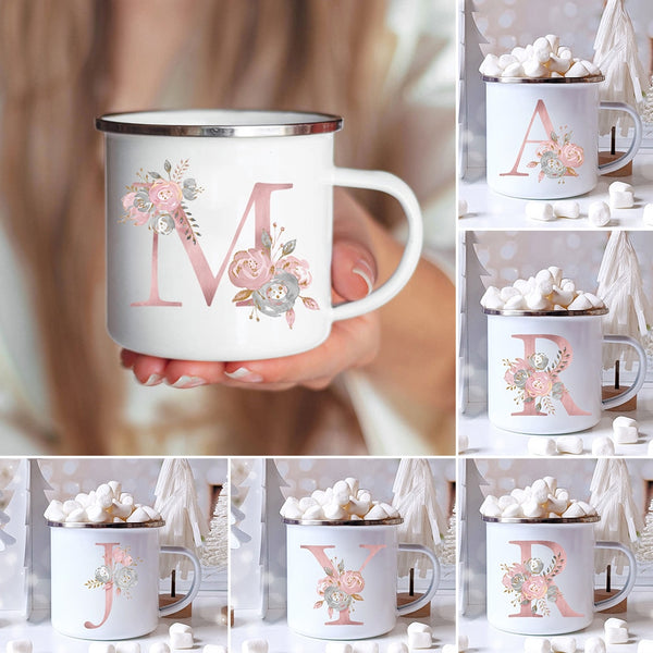 Pink Alphabet Letter Flowers Enamel Mug