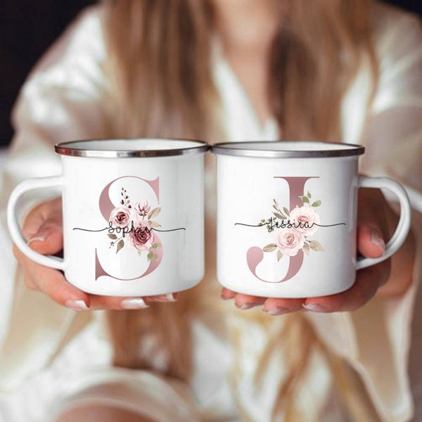 Floral Initial Name Personalized Enamel Mug