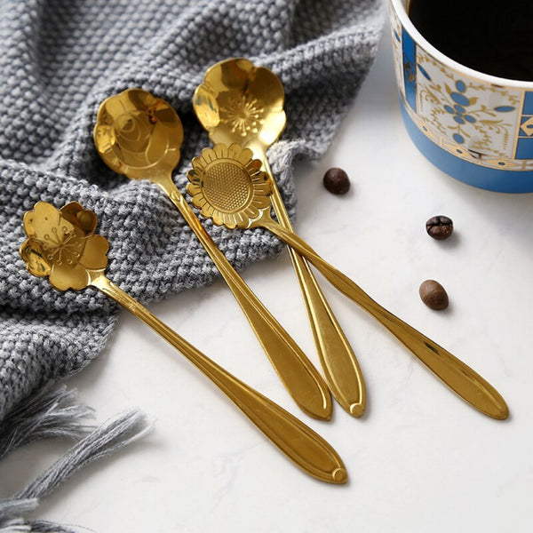 4pcs Vintage Flowers Stainless Steel Gold Spoons