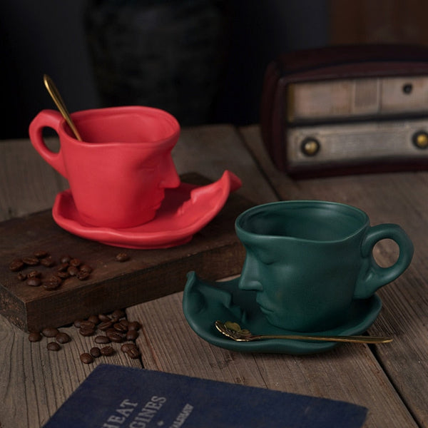 Creative Face Shape Porcelain Mug and Saucer