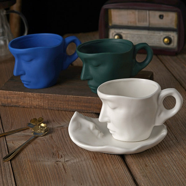 Creative Face Shape Porcelain Mug and Saucer