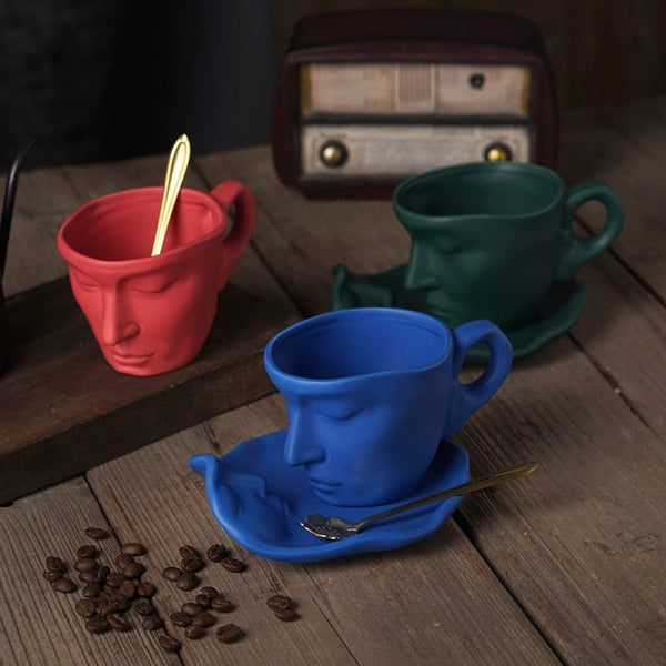 Creative Face Shape Porcelain Mug and Saucer