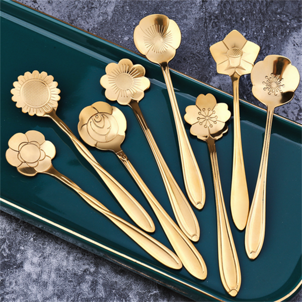 Vintage Flower Gold Silver Rose Gold Stainless Steel Coffee Spoon - 8 Pcs