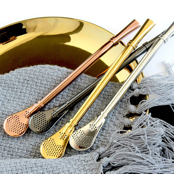 Eco Coffee Tea Filter Spoon Stainless Steel Drinking Straw