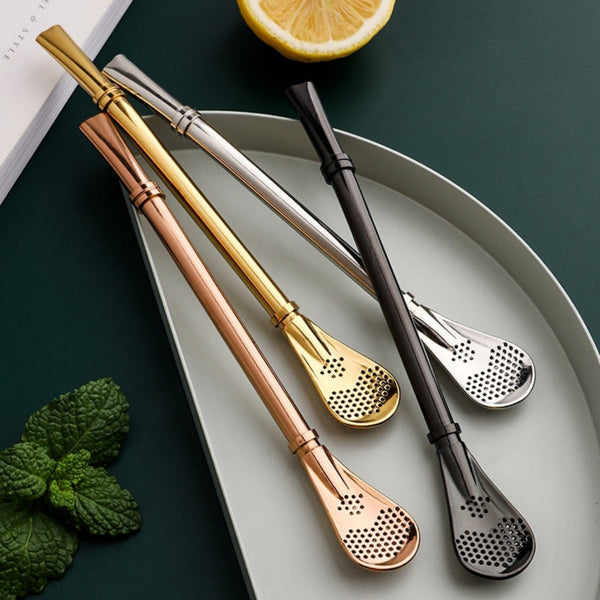 Eco Coffee Tea Filter Spoon Stainless Steel Drinking Straw