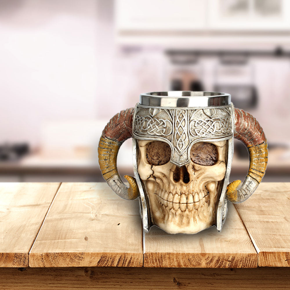 Coffee Mug, Stainless Steel Viking Warrior Skull Beer Mugs Resin