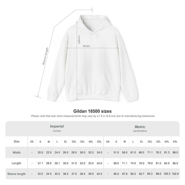 Official sizing chart for the Gildan 18500 unisex hooded sweatshirt displaying imperial inches and metric centimeters. The chart details width, length, and sleeve length measurements across sizes Small to 5XL alongside a technical diagram illustration of a white hoodie.