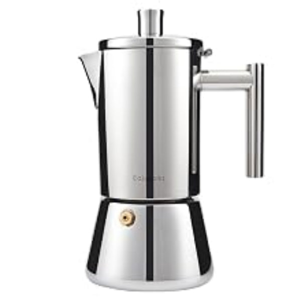 Stainless steel espresso maker on a white background
