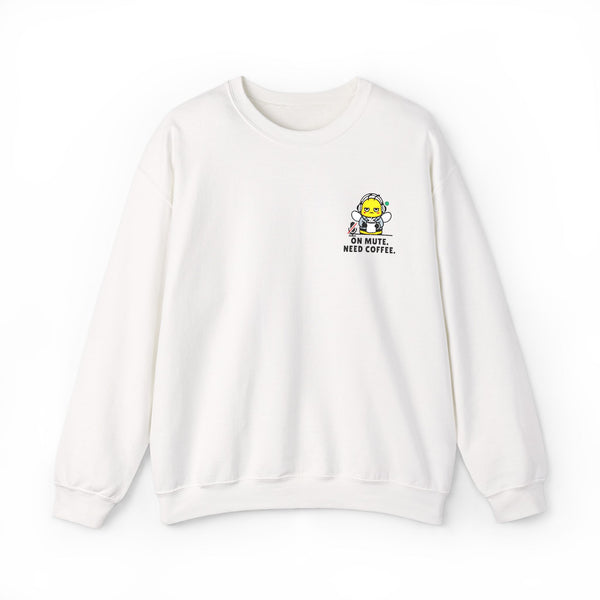 Flat lay product mockup of a white ceramic crewneck sweatshirt against a clean white background, showcasing a funny office humor bee mascot that says "On Mute. Need Coffee." on the left chest.
