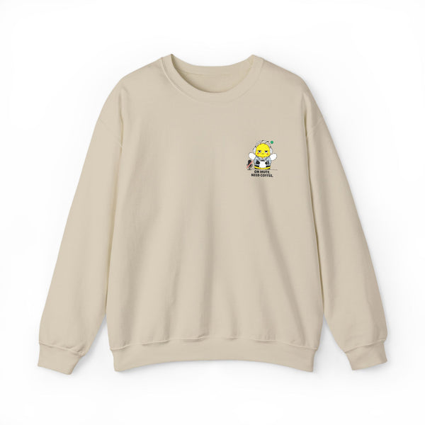 Flat lay product mockup of an oatmeal cream crewneck sweatshirt against a clean white background, showcasing a funny office humor bee mascot that says "On Mute. Need Coffee." on the left chest.