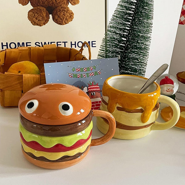 HANGRY Hamburger Shaped Ceramic Coffee Mug With Lid