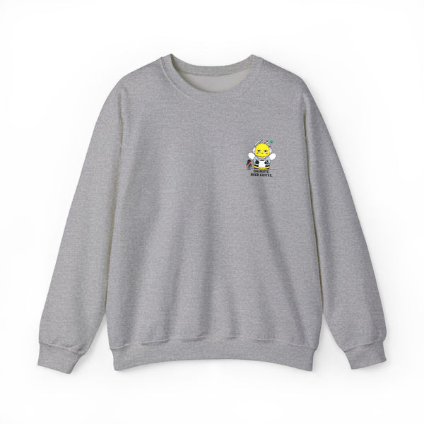 Flat lay product mockup of a heather ash grey crewneck sweatshirt against a clean white background, showcasing a funny office humor bee mascot that says "On Mute. Need Coffee." on the left chest.